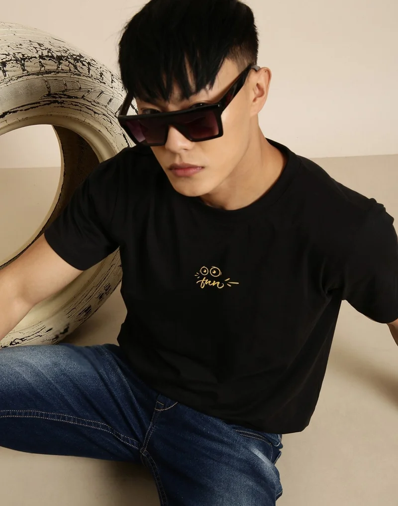 Joven Black Printed Oversize T-Shirt for Men