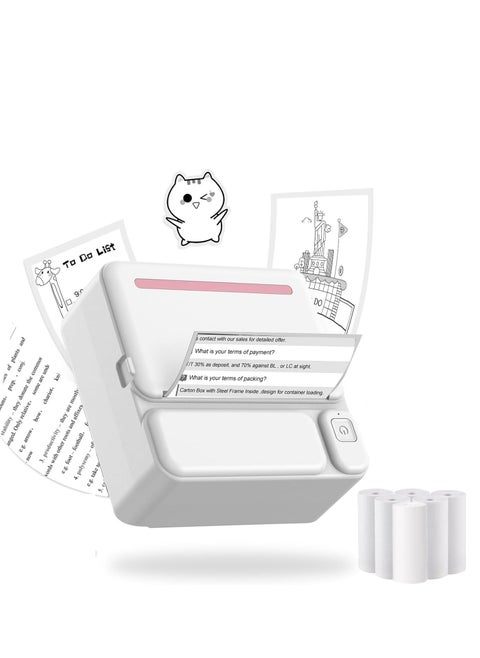 Mini Thermal Printer Bluetooth Pocket Printer Portable Inkless Sticker Printer for Notes/Lists/Label/Memo/Scrapbook, Photos Compatible with iPhone iOS & Android or Tablet (with 6 Roll Paper)