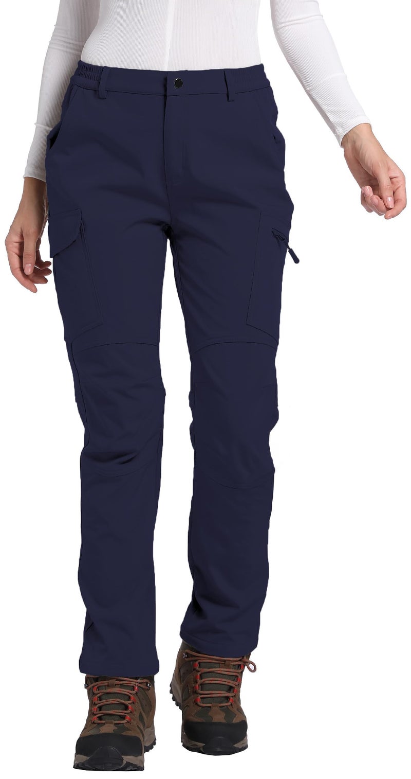 LINLANG EN Women's Fleece Lined Waterproof Hiking Pants Insulated Softshell Warm Outdoor Winter Snow Ski Pants Navy L - Image 1