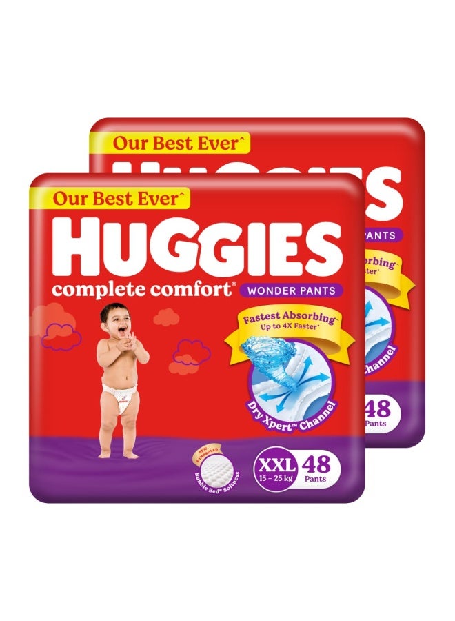Huggies Complete Comfort Wonder Pants | Pant Style Baby Diapers XXL Size, 48*2 Count | India's Fastest Absorbing Diaper, Patented Dry Xpert Channel, Ideal for 15 to 25 Kgs