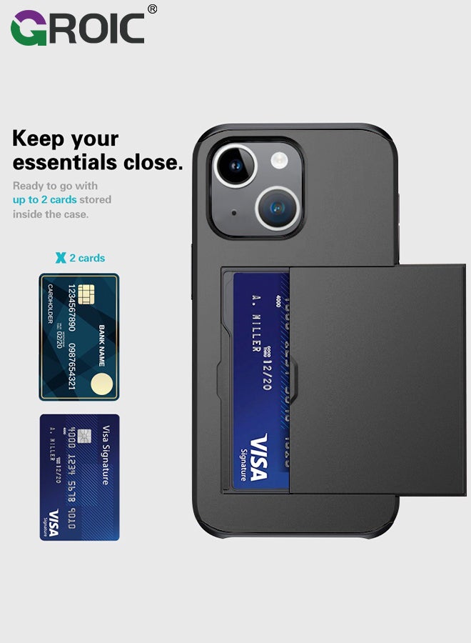GROIC iPhone 15 Black Wallet Case with Card Holder, Heavy Duty Protective Dual Layer Slide Shockproof Hidden Card Slot Slim Case for Women Men - Image 3