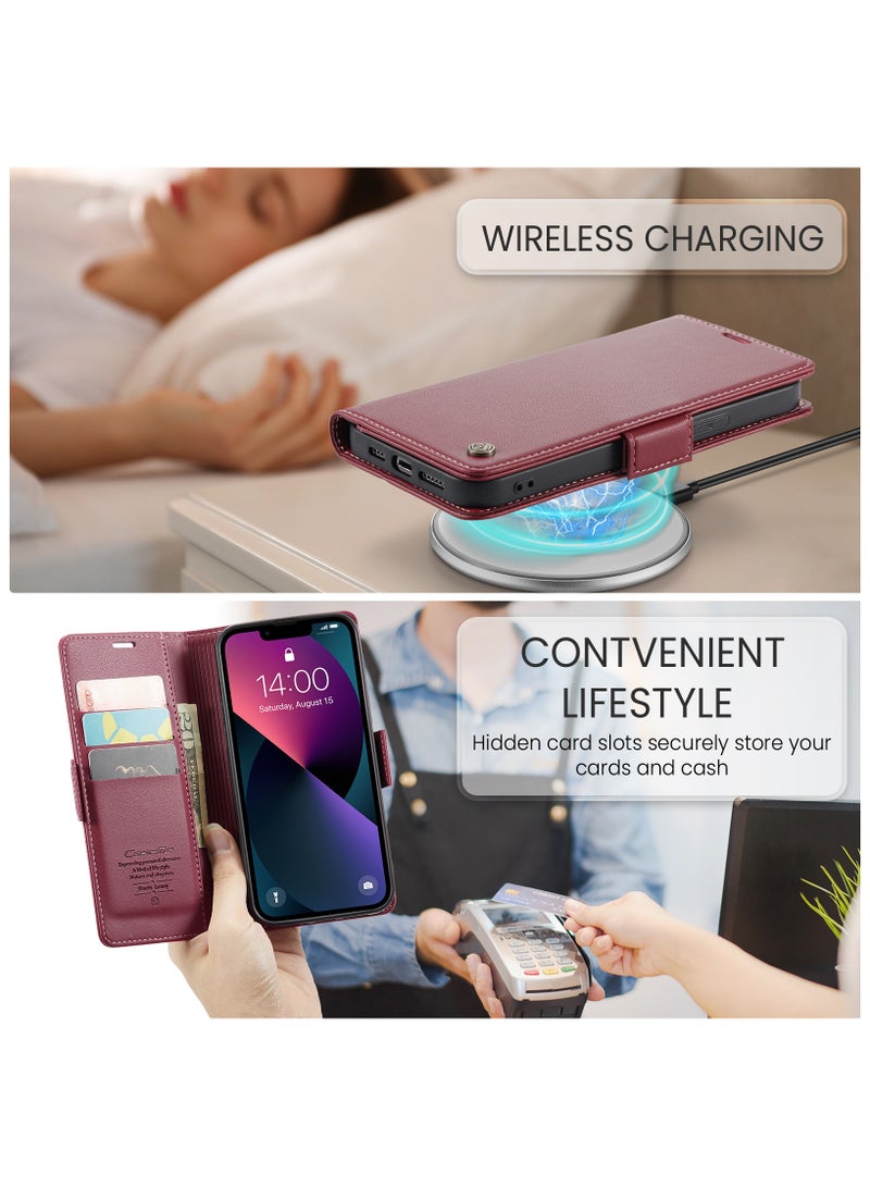 Flip Wallet Case for iPhone 15, Leather Magnetic Attachment Flip Case Burgundy - Image 5