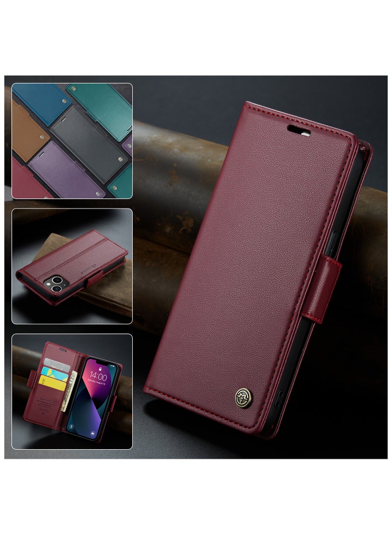 Flip Wallet Case for iPhone 15, Leather Magnetic Attachment Flip Case Burgundy - Image 4