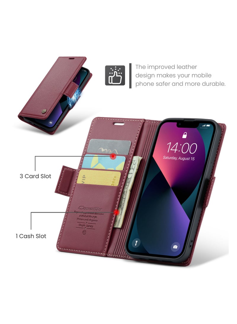 Flip Wallet Case for iPhone 15, Leather Magnetic Attachment Flip Case Burgundy - Image 2