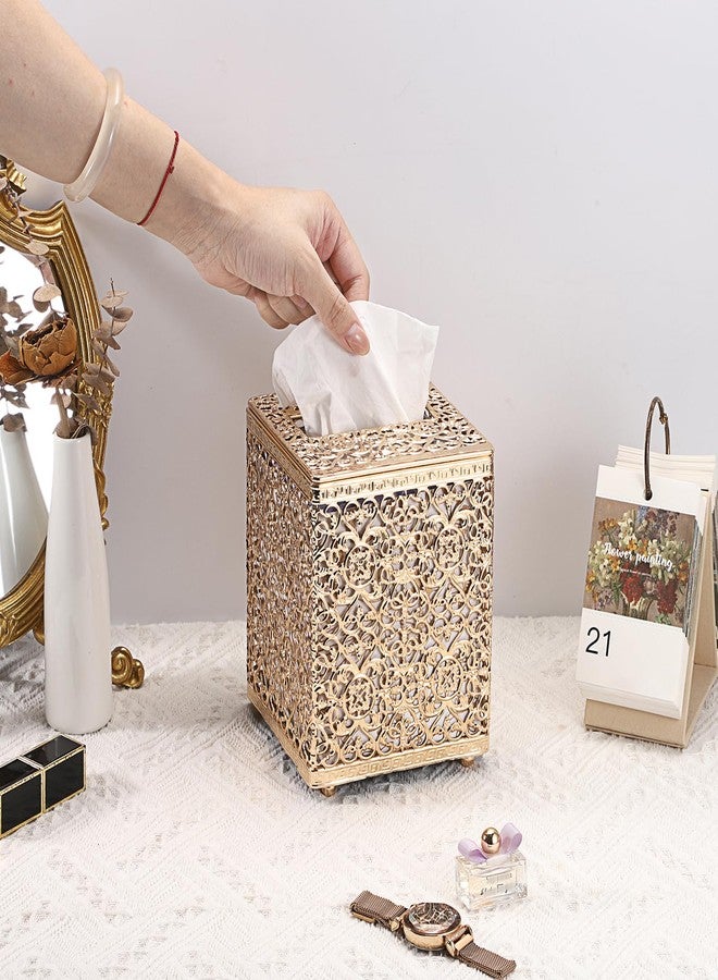 Sumnacon Tissue Box Cover Square Tissue Box with Lid, Metal Tissue Box Holder Stylish Tissue Cover Cube Tissue Box Cover for Bathroom Toilet Kitchen Table Desk Home Office, Gold - Image 2