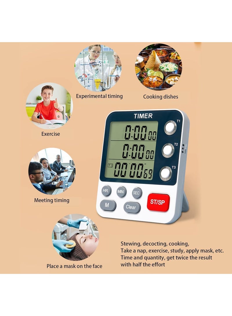 Excefore Digital Kitchen Timer Stopwatch Cooking Timers For Kitchen 3 Channels Timers Display Electronic Digital Countdown and Count up Loud Alarm With Time Memory Function Cooking Timer - Image 3