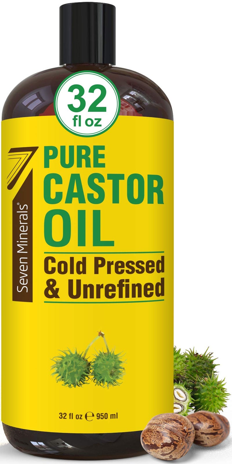 Seven Minerals Pure Cold Pressed Castor Oil  Big 32 fl oz Bottle  Unrefined  Hexane Free  100 Pure Castor Oil for Hair Growth Thicker Eyelashes  Eyebrows Dry Skin Healing Hair Care Joint and Muscle Pain