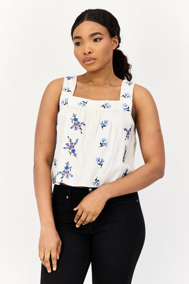 ONLY Women Square Neck Sleeveless Embroidered Tank Top, Multicolor - Image 1