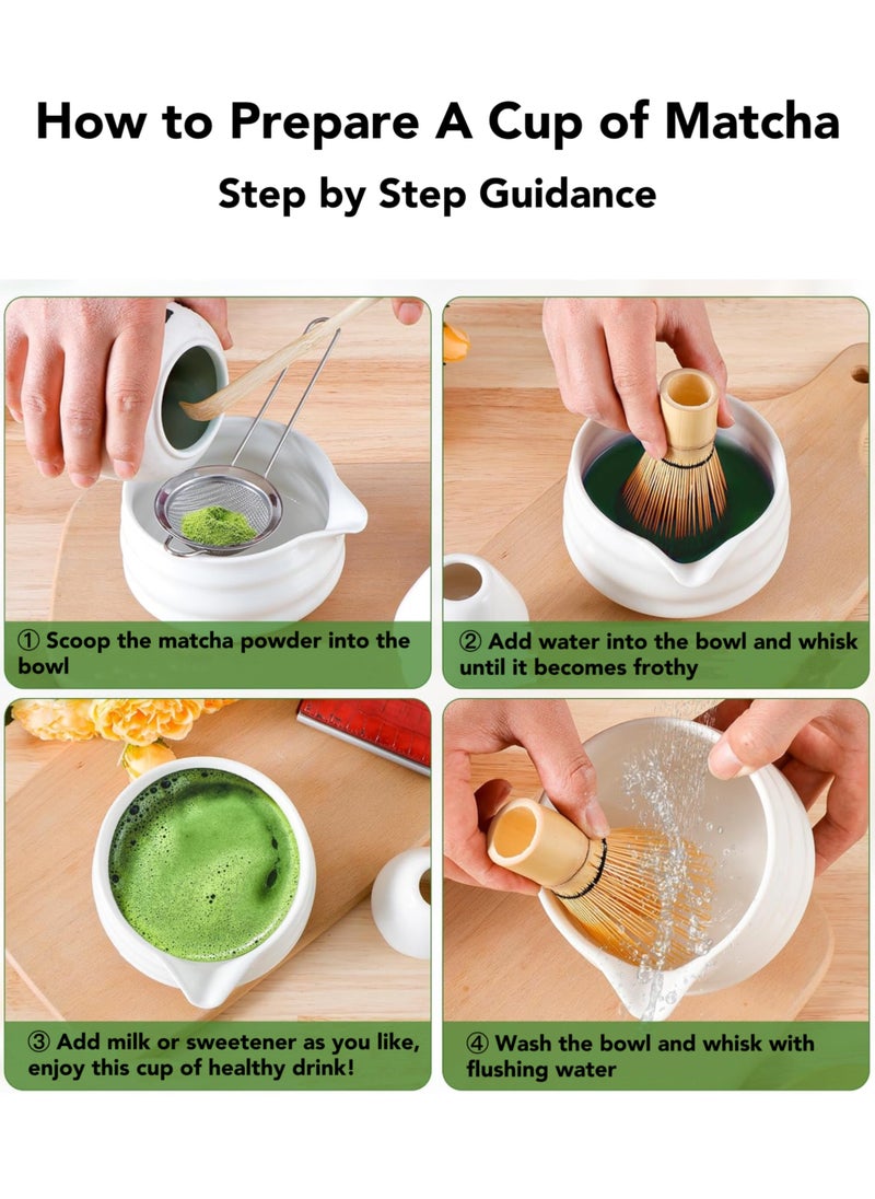 Oasis Casa - 4Pcs Matcha Tea Whisk Set, Japanese Matcha Tea Kit, Traditonal Matcha Ceremony Teaware Including Ceramic Bowl with Pouring Spout, Bamboo Tea Scoop, Bamboo Whisk, Ceramic Whisk Holder (White) - Image 1