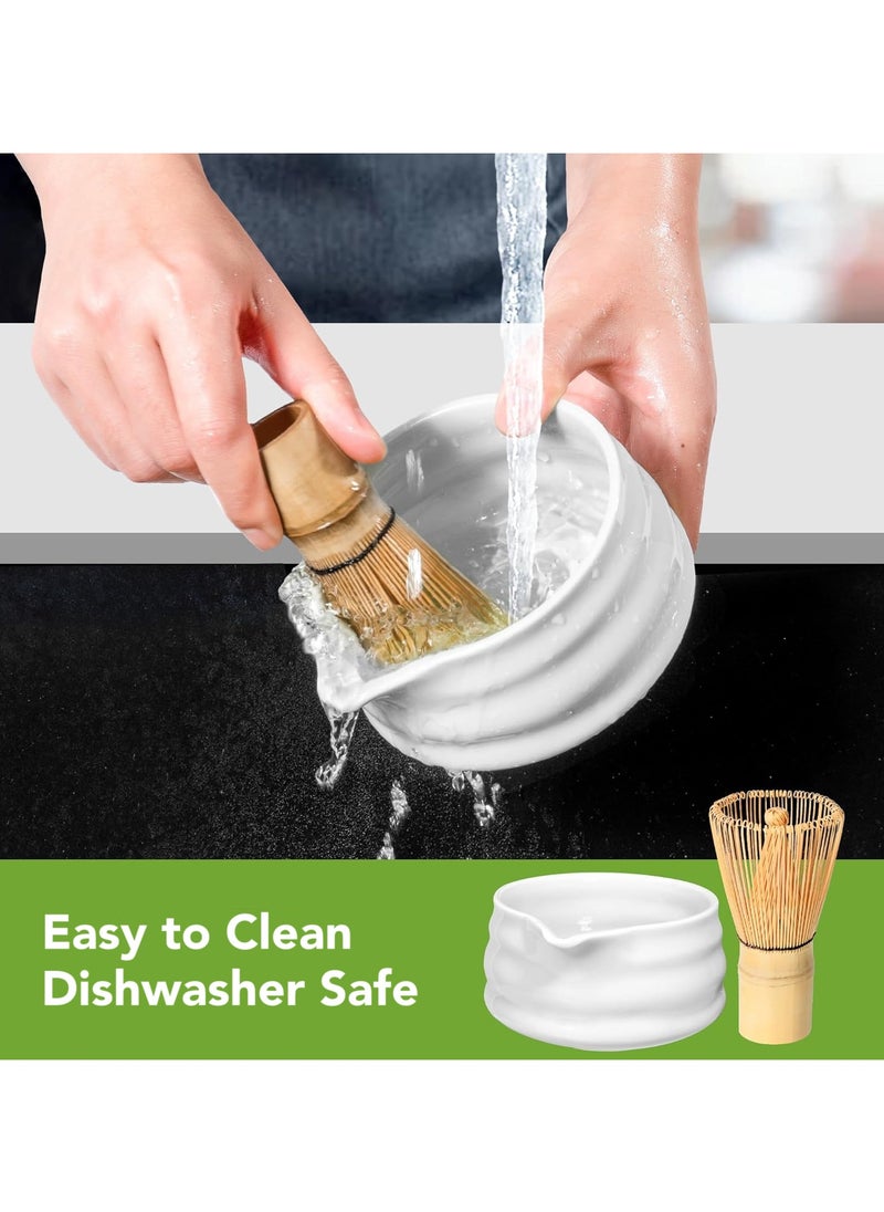 Oasis Casa - 4Pcs Matcha Tea Whisk Set, Japanese Matcha Tea Kit, Traditonal Matcha Ceremony Teaware Including Ceramic Bowl with Pouring Spout, Bamboo Tea Scoop, Bamboo Whisk, Ceramic Whisk Holder (White) - Image 1