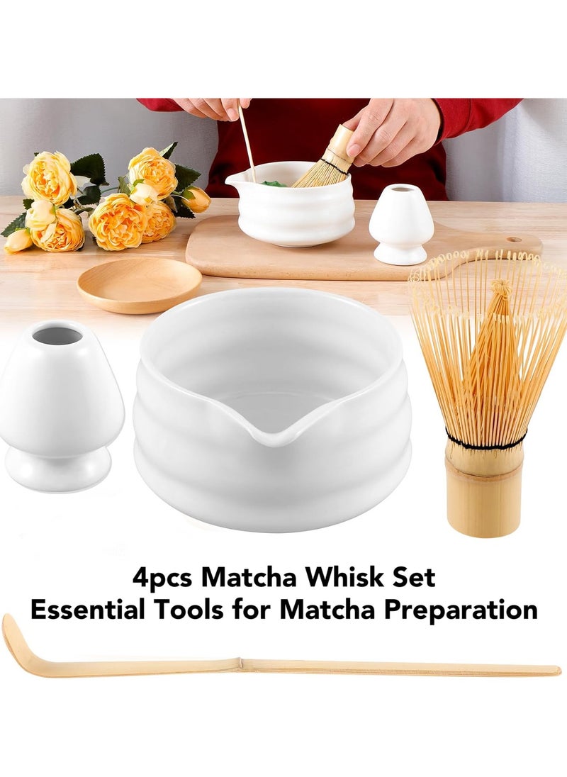 Oasis Casa - 4Pcs Matcha Tea Whisk Set, Japanese Matcha Tea Kit, Traditonal Matcha Ceremony Teaware Including Ceramic Bowl with Pouring Spout, Bamboo Tea Scoop, Bamboo Whisk, Ceramic Whisk Holder (White) - Image 1