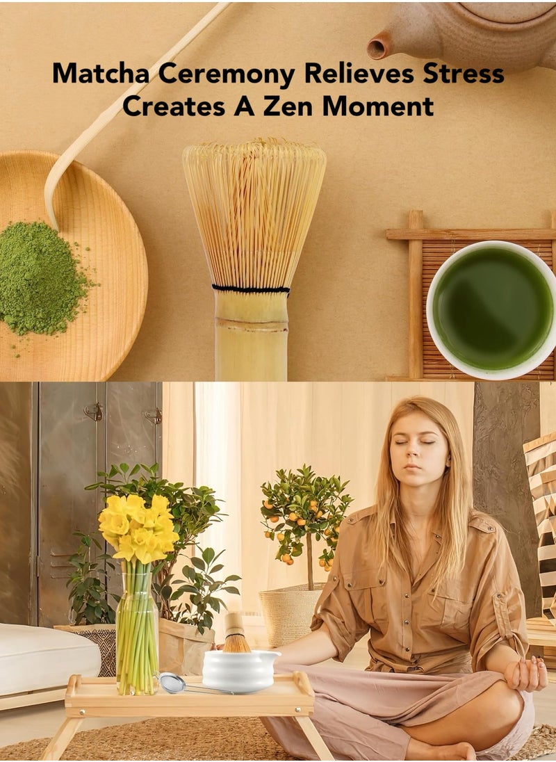 Oasis Casa - 4Pcs Matcha Tea Whisk Set, Japanese Matcha Tea Kit, Traditonal Matcha Ceremony Teaware Including Ceramic Bowl with Pouring Spout, Bamboo Tea Scoop, Bamboo Whisk, Ceramic Whisk Holder (White) - Image 1