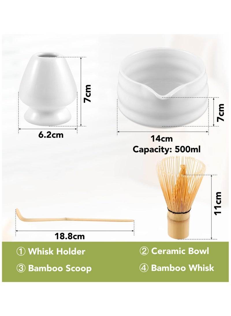Oasis Casa - 4Pcs Matcha Tea Whisk Set, Japanese Matcha Tea Kit, Traditonal Matcha Ceremony Teaware Including Ceramic Bowl with Pouring Spout, Bamboo Tea Scoop, Bamboo Whisk, Ceramic Whisk Holder (White) - Image 1