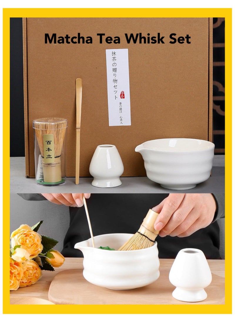 Oasis Casa - 4Pcs Matcha Tea Whisk Set, Japanese Matcha Tea Kit, Traditonal Matcha Ceremony Teaware Including Ceramic Bowl with Pouring Spout, Bamboo Tea Scoop, Bamboo Whisk, Ceramic Whisk Holder (White) - Image 1