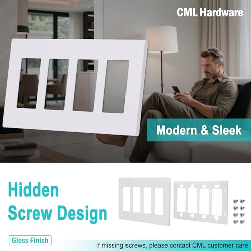 CML Hardware CML 4-Gang Screwless Decorator Wall Plate, White Outlet Covers, 4 Pack Hidden Wall Safe Switch Plate, Standard Size 4.68”X 8.34”, Impact Resistant, UL Listed - Image 3