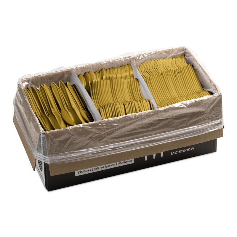 Munfix 1000 Count Gold Silverware Set  334 Forks  333 Spoons  333 Knives  Medium Weight BPA Free Disposable Plastic Cutlery Set  Bulk Combo Pack Flatware Set for Party Supplies - Image 1
