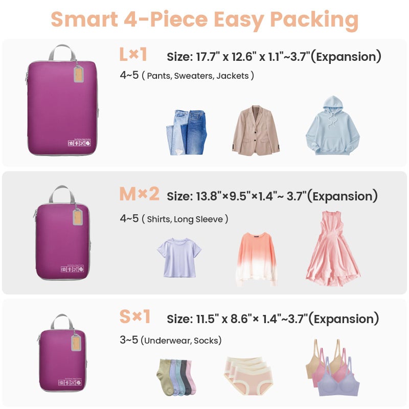 Cambond Compression Packing Cubes for Travel Women - 4 Pack Expandable Luggage Packing Organizers Vacation Travel Essentials Accessories Bags Compression Cubes for Carry on Suitcases, Purple - Image 4