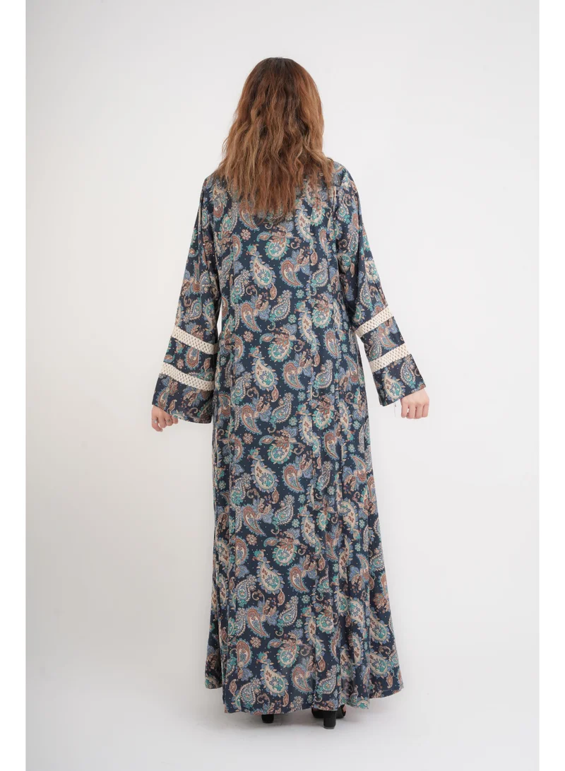 IKKXA Elegant Patterns Collared Jalabiya IN100 Blue