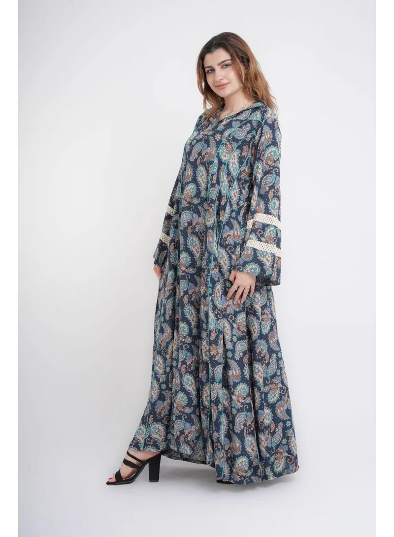 IKKXA Elegant Patterns Collared Jalabiya IN100 Blue