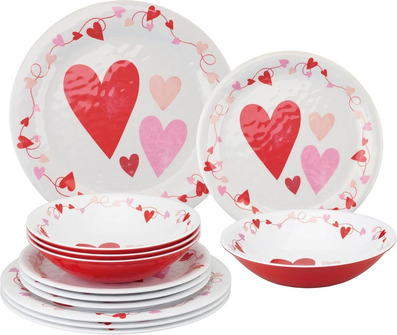 UPware 12 Piece Love Hearts Melamine Dinnerware Sets Outdoor Dishes Set Plates and Bowls Sets Valentines Day Decorations Service for 4 Red - Image 1
