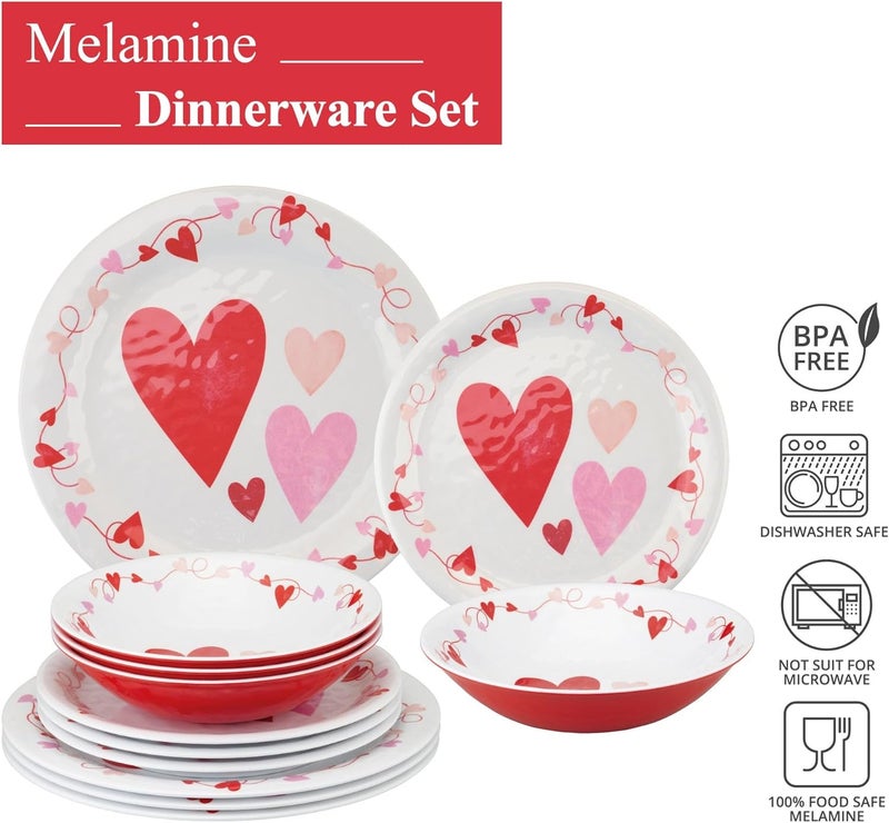 UPware 12 Piece Love Hearts Melamine Dinnerware Sets Outdoor Dishes Set Plates and Bowls Sets Valentines Day Decorations Service for 4 Red - Image 3