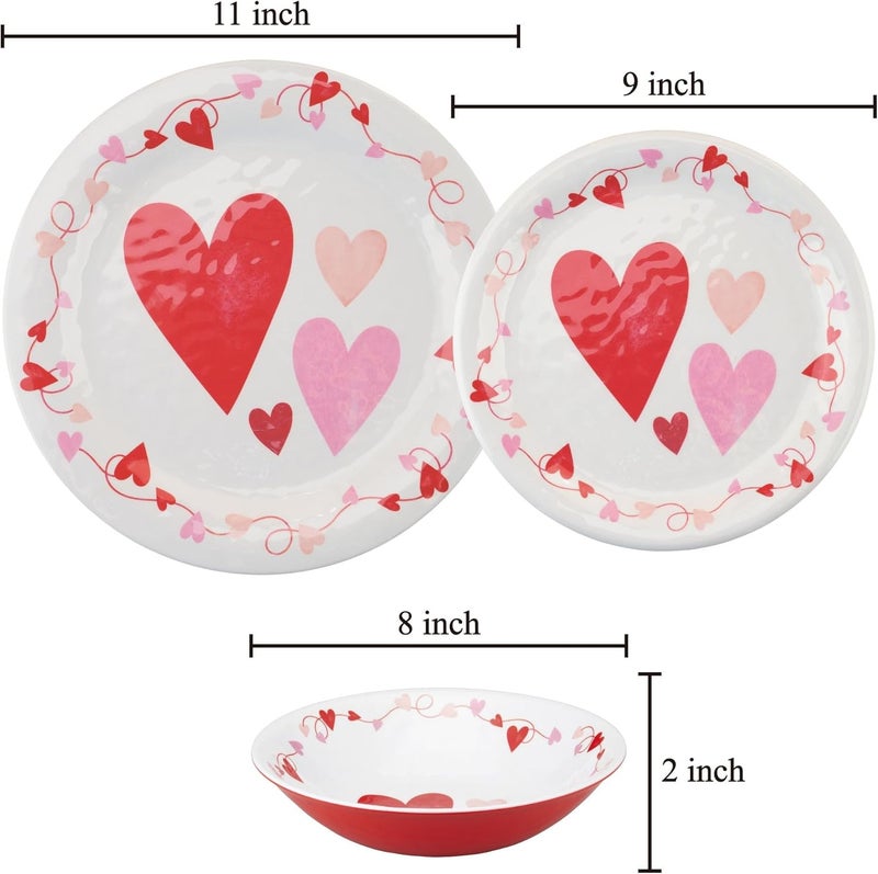 UPware 12 Piece Love Hearts Melamine Dinnerware Sets Outdoor Dishes Set Plates and Bowls Sets Valentines Day Decorations Service for 4 Red - Image 4