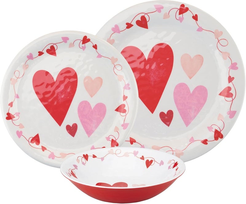 UPware 12 Piece Love Hearts Melamine Dinnerware Sets Outdoor Dishes Set Plates and Bowls Sets Valentines Day Decorations Service for 4 Red - Image 2