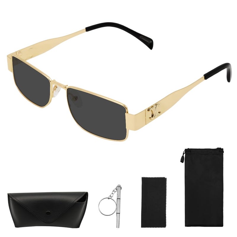 HASTHIP® Women's Sunglasses, Small Square Tinted Lens Sunglasses, Vintage Fashion Metal Frame Sunglasses with Storage Case, Microfiber Cleaning Cloth, Screwdriver