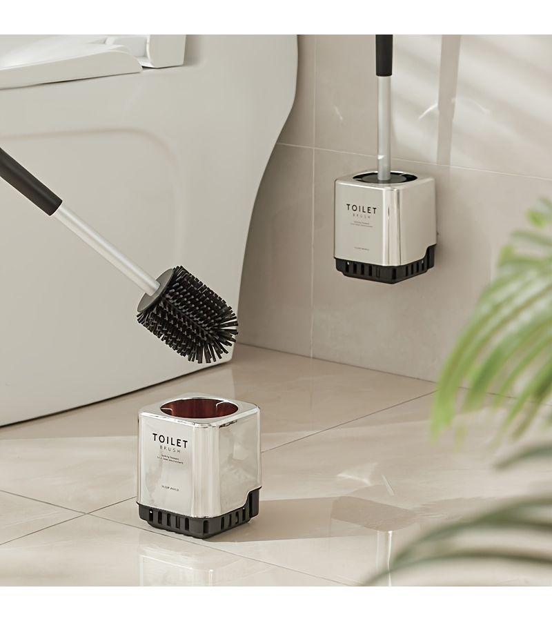 A Set Of Drill-Free Wall Mounted Toilet Brush With Long Handle For Bathroom Silvery - Image 2