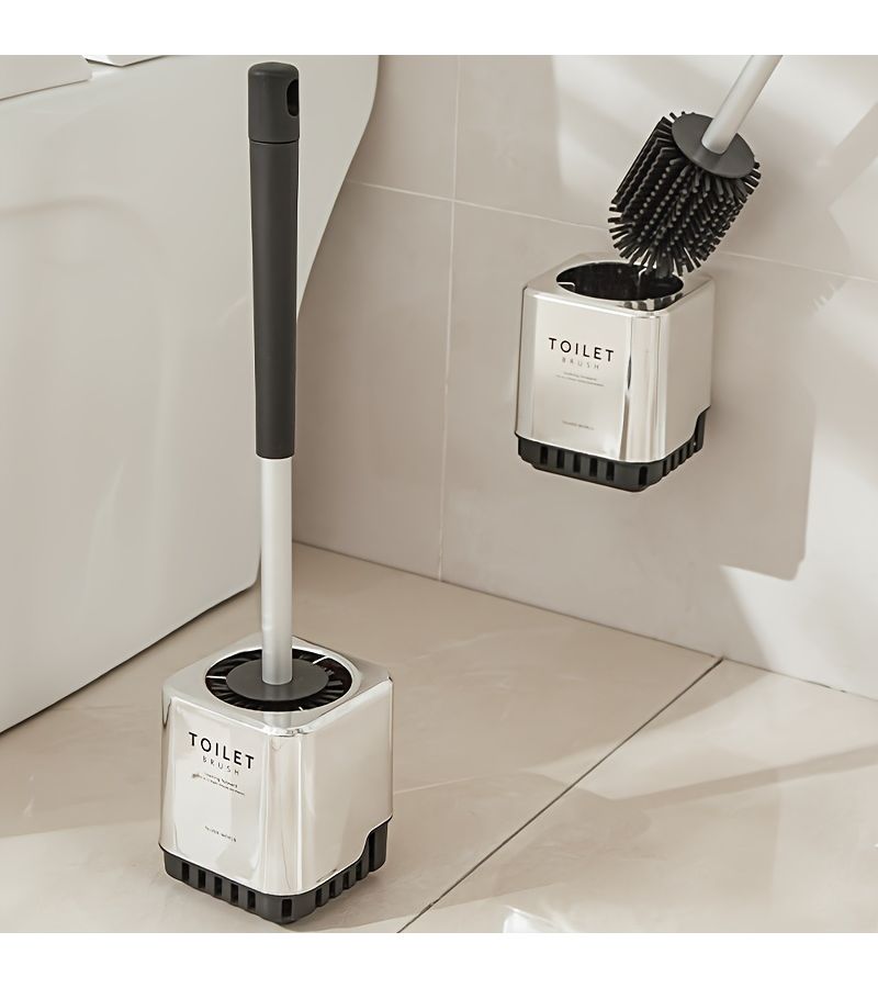 A Set Of Drill-Free Wall Mounted Toilet Brush With Long Handle For Bathroom Silvery - Image 1