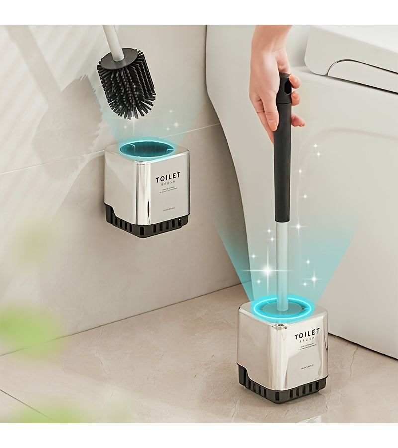 A Set Of Drill-Free Wall Mounted Toilet Brush With Long Handle For Bathroom Silvery - Image 5