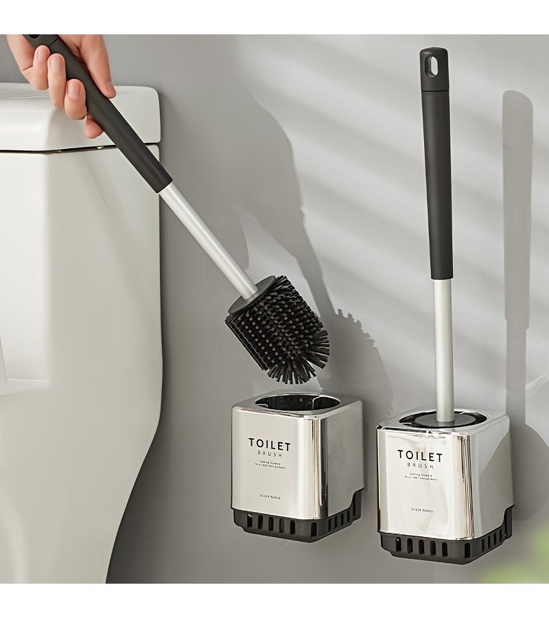 A Set Of Drill-Free Wall Mounted Toilet Brush With Long Handle For Bathroom Silvery - Image 3