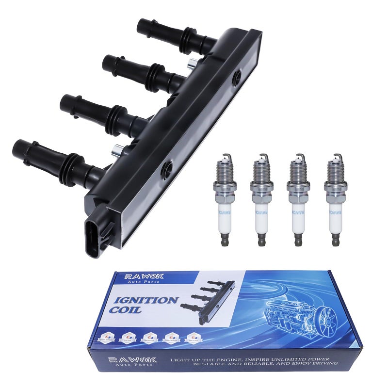 RAWOK Ignition Coil UF669 and 4 Double Iridium Spark Plugs 1675 Compatible with 2011-2015 Chevy Cruze Limited 1.4L, 2012-2020 Sonic Trax 1.4L, 2013-2021 Buick Encore 1.4L, D521C PFR7S8EG 55577898 - Image 1