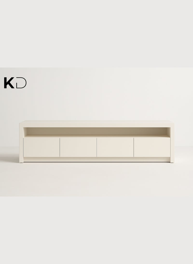 كستم ديكو حامل تلفزيون أبيض حديث من كاستومديكو هورايزون لغرفة المعيشة - وحدة تحكم ترفيه خشبية مع خزائن ورف مفتوح، خزانة وسائط بسيطة لأجهزة التلفزيون ذات الشاشات المسطحة حتى 75 بوصة - Image 1