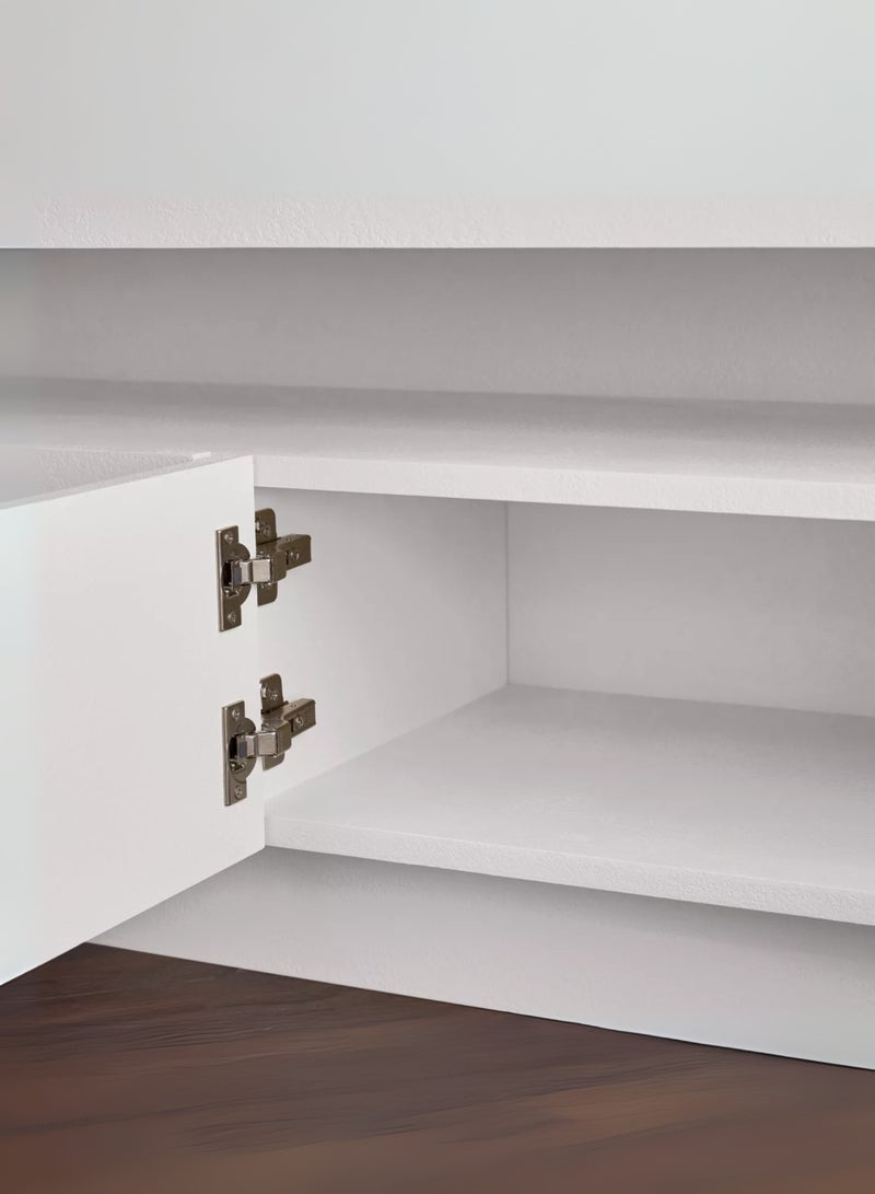 كستم ديكو حامل تلفزيون أبيض حديث من كاستومديكو هورايزون لغرفة المعيشة - وحدة تحكم ترفيه خشبية مع خزائن ورف مفتوح، خزانة وسائط بسيطة لأجهزة التلفزيون ذات الشاشات المسطحة حتى 75 بوصة - Image 4