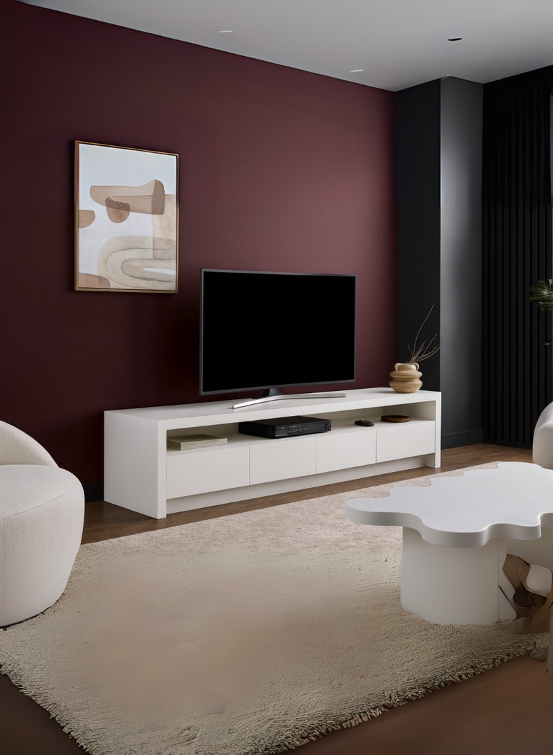 كستم ديكو حامل تلفزيون أبيض حديث من كاستومديكو هورايزون لغرفة المعيشة - وحدة تحكم ترفيه خشبية مع خزائن ورف مفتوح، خزانة وسائط بسيطة لأجهزة التلفزيون ذات الشاشات المسطحة حتى 75 بوصة - Image 5