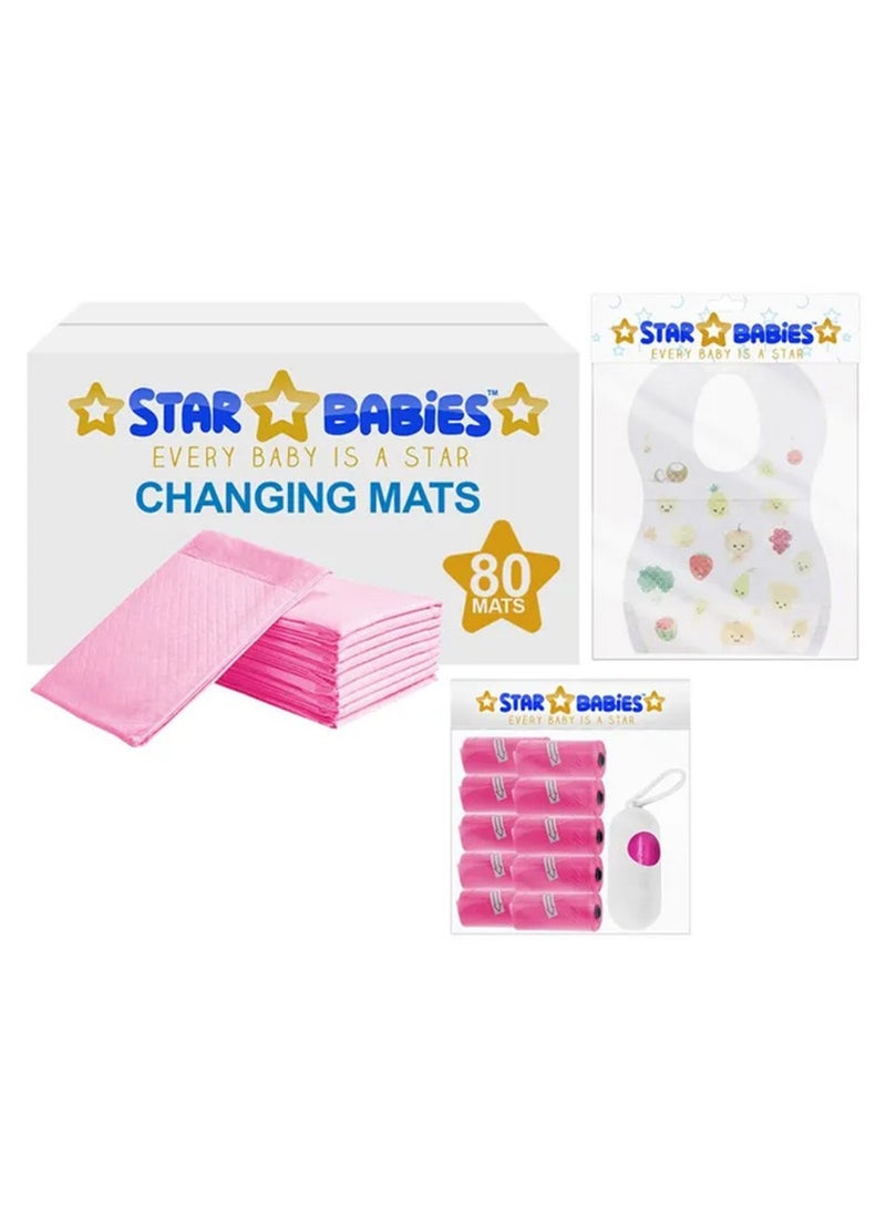 STAR BABiES Combo Pack Disposable Changing Mat 80Pcs Scented Bag 10Pcss Bibs 70Pcs   Pink  - Image 1