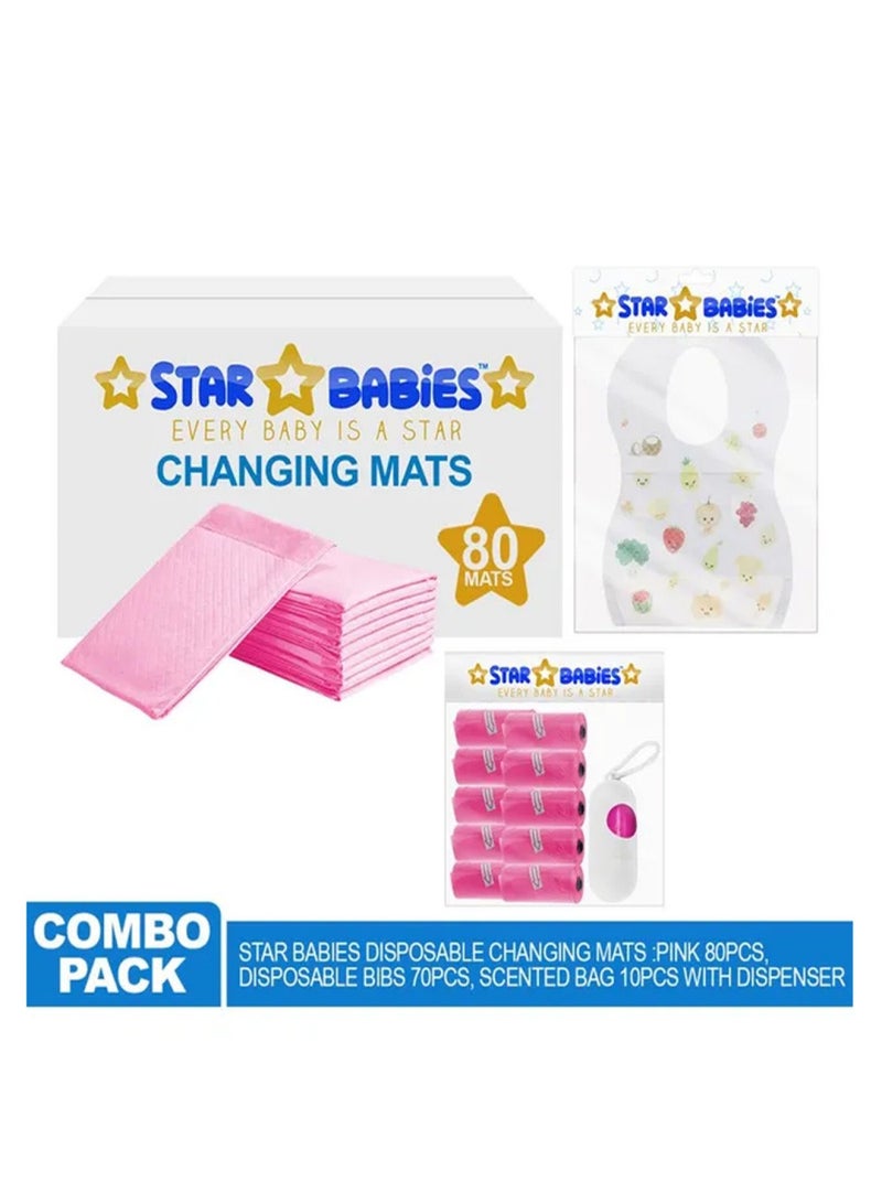 STAR BABiES Combo Pack Disposable Changing Mat 80Pcs Scented Bag 10Pcss Bibs 70Pcs   Pink  - Image 2