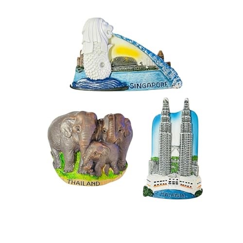 Moira 3D Resin Fridge Magnets Set of 3, Southeast Asia Landmarks, Singapore Merlion, Thailand Elephants, Malaysia Twin Towers, Travel Souvenir Collection - Image 1