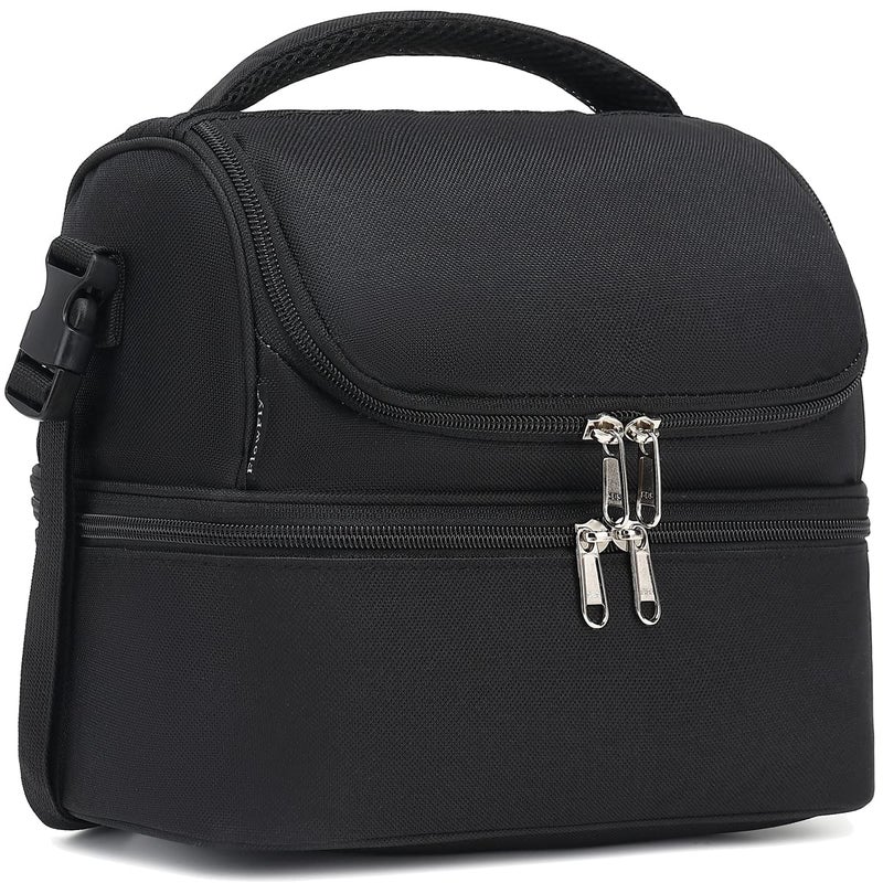 FlowFly Double Decker Cooler Insulated Lunch Bag Large Tote for Boys Girls Men Women With Adjustable StrapBlack