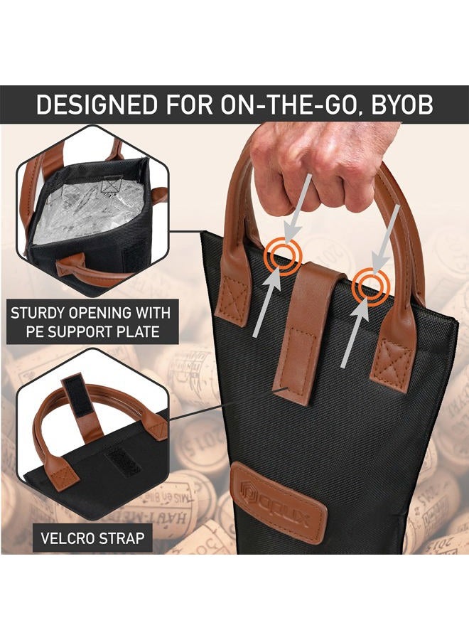 opux Wine Bag Single Bottle Carrier Tote, Insulated Travel Wine Cooler Bag for Picnic Beach Gift, Thermal Padded Portable One Bottle Holder Carrying Case for Women Men Wine Lovers, Black - Image 4