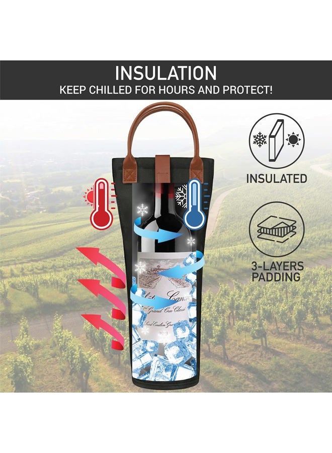 opux Wine Bag Single Bottle Carrier Tote, Insulated Travel Wine Cooler Bag for Picnic Beach Gift, Thermal Padded Portable One Bottle Holder Carrying Case for Women Men Wine Lovers, Black - Image 2