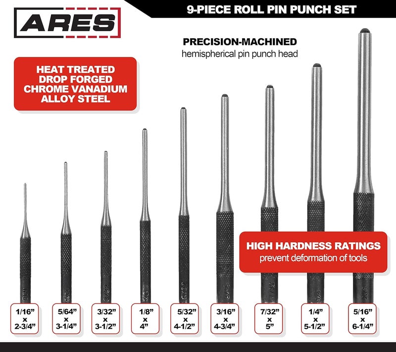ARES 10021 – 9-Piece Roll Pin Punch Set – Durable Heat Treated and Drop Forged Steel Pin Punches with Pouch -Ideal for Automotive Repair, Gunsmithing, Craft Work, and Jewelry Repair - Image 3