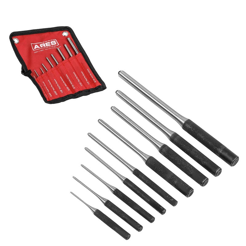 ARES 10021 – 9-Piece Roll Pin Punch Set – Durable Heat Treated and Drop Forged Steel Pin Punches with Pouch -Ideal for Automotive Repair, Gunsmithing, Craft Work, and Jewelry Repair - Image 1