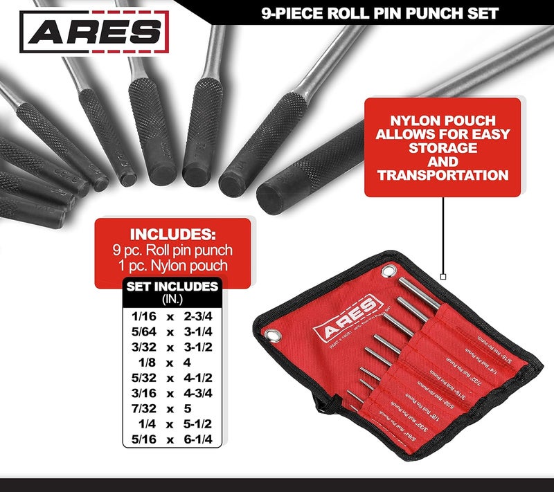 ARES 10021 – 9-Piece Roll Pin Punch Set – Durable Heat Treated and Drop Forged Steel Pin Punches with Pouch -Ideal for Automotive Repair, Gunsmithing, Craft Work, and Jewelry Repair - Image 2
