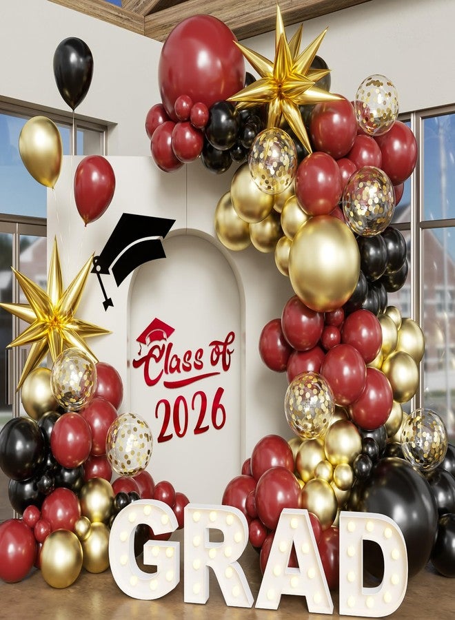 LANGASQUE Burgundy Gold Balloon Arch Kit Graduation Decorations 2026, 130Pcs Burgundy Gold Black Balloons and Foil Star Balloon with Confetti Ribbons Grad Party Decorations for College High School Class of 2026 - Image 1