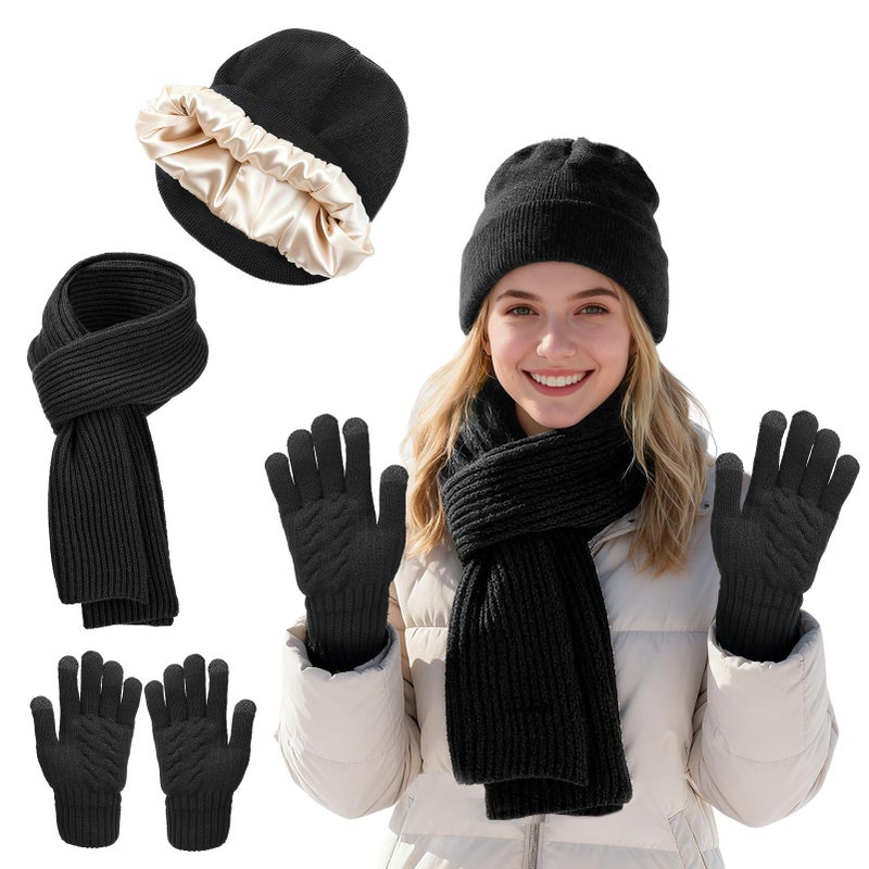 Beeplove Satin Lined Beanie Hat Scarf and Gloves Set for Women - Hair Protection, Christmas Winter Accessories Gifts for Her Wife, Black, One size - Image 1
