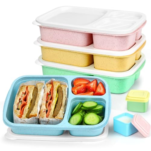 Caperci Bento Lunch Box Containers for Adults  Kids  3Compartment Reusable Meal Prep Containers with 2 Sauce Containers for School Work Travel Wheat Straw 4Pack Vintage Colors