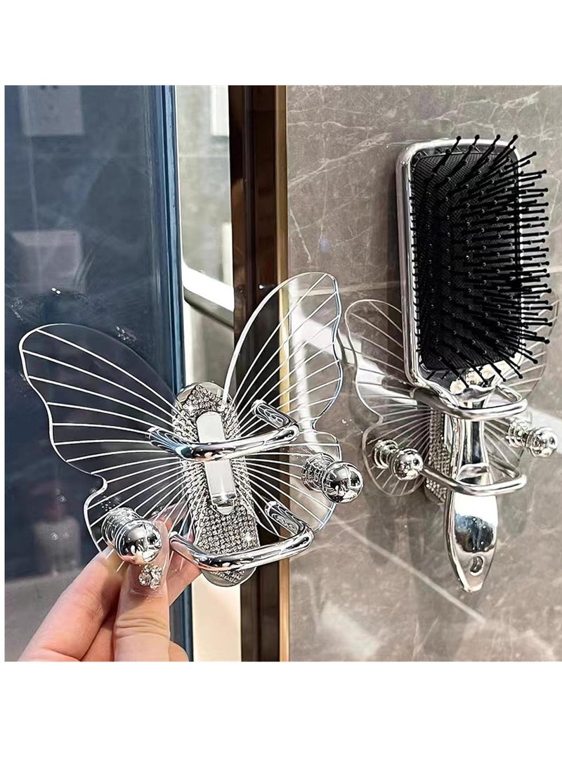 Excefore Hair Brush Stand Acrylic Butterfly Comb Scrunchie Storage Rack Wall Hanging Perforation Free Bathroom Organizer with Rubber Band and Hair Ring Storage Hook for Bathroom - Image 2
