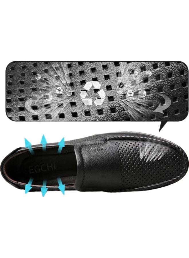 Egchi Business Casual Breathable Hollow Driving Slip-On Top-Grain Leather Shoes For Men 36274-2 Black 44 - Image 3